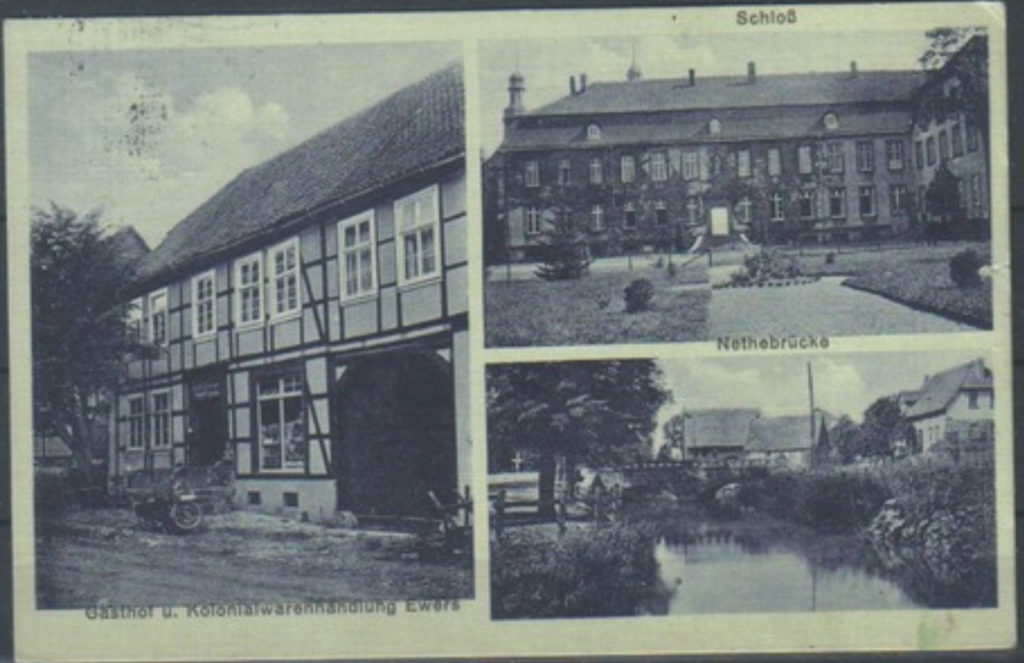 Postkarte von 1939 mit Gasthof Ewers, Schloß und Nethebrücke